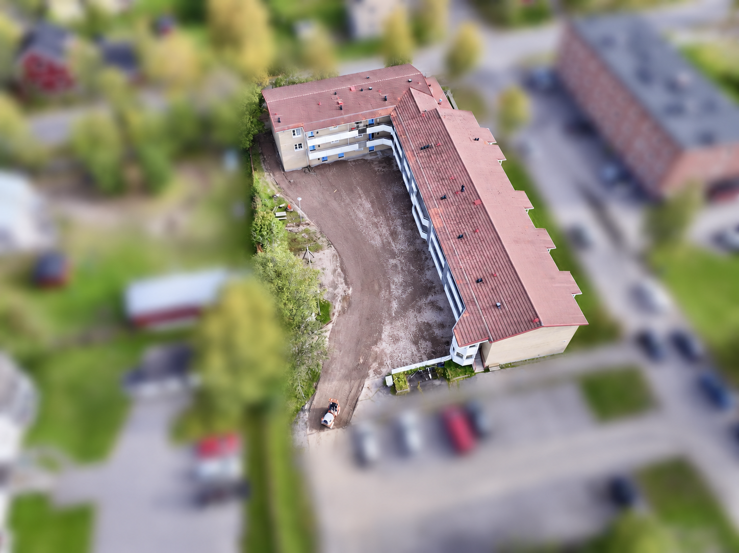 Markarbetet på kvarteret Bofinken sett från ovan.