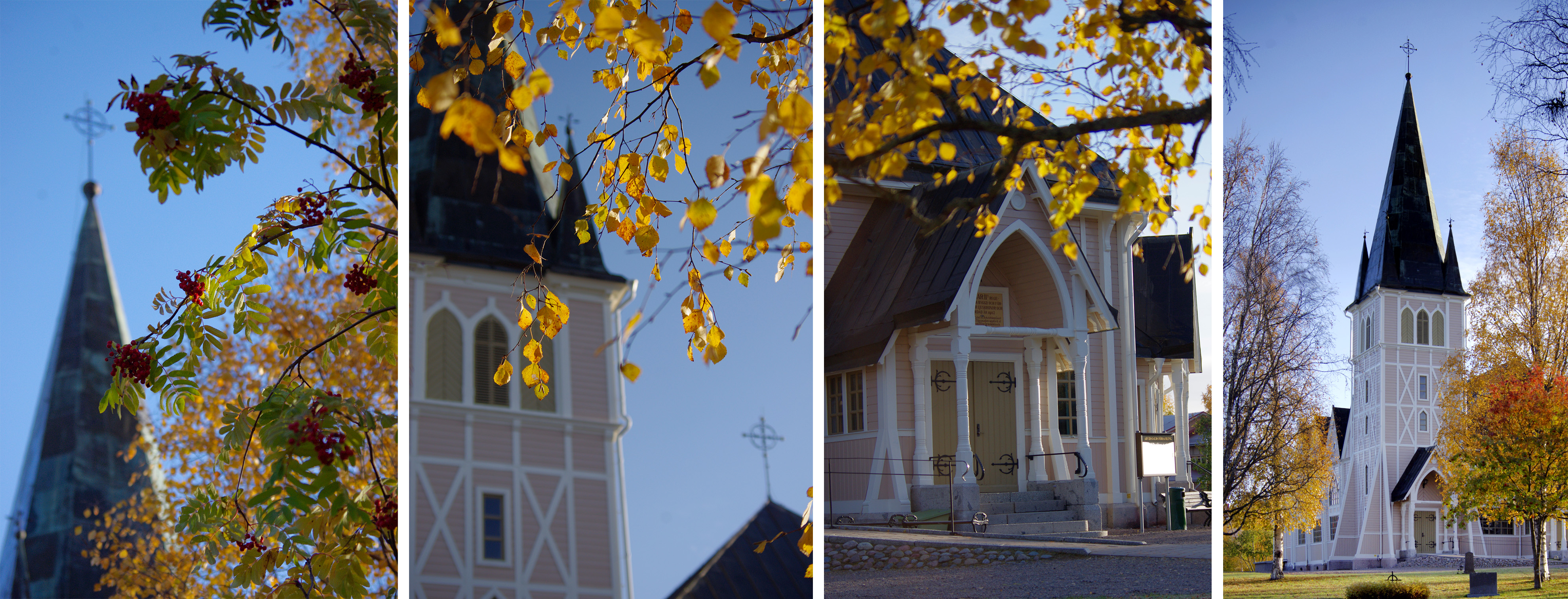 kollage med bilder över Arvidsjaur kyrka i höst tema