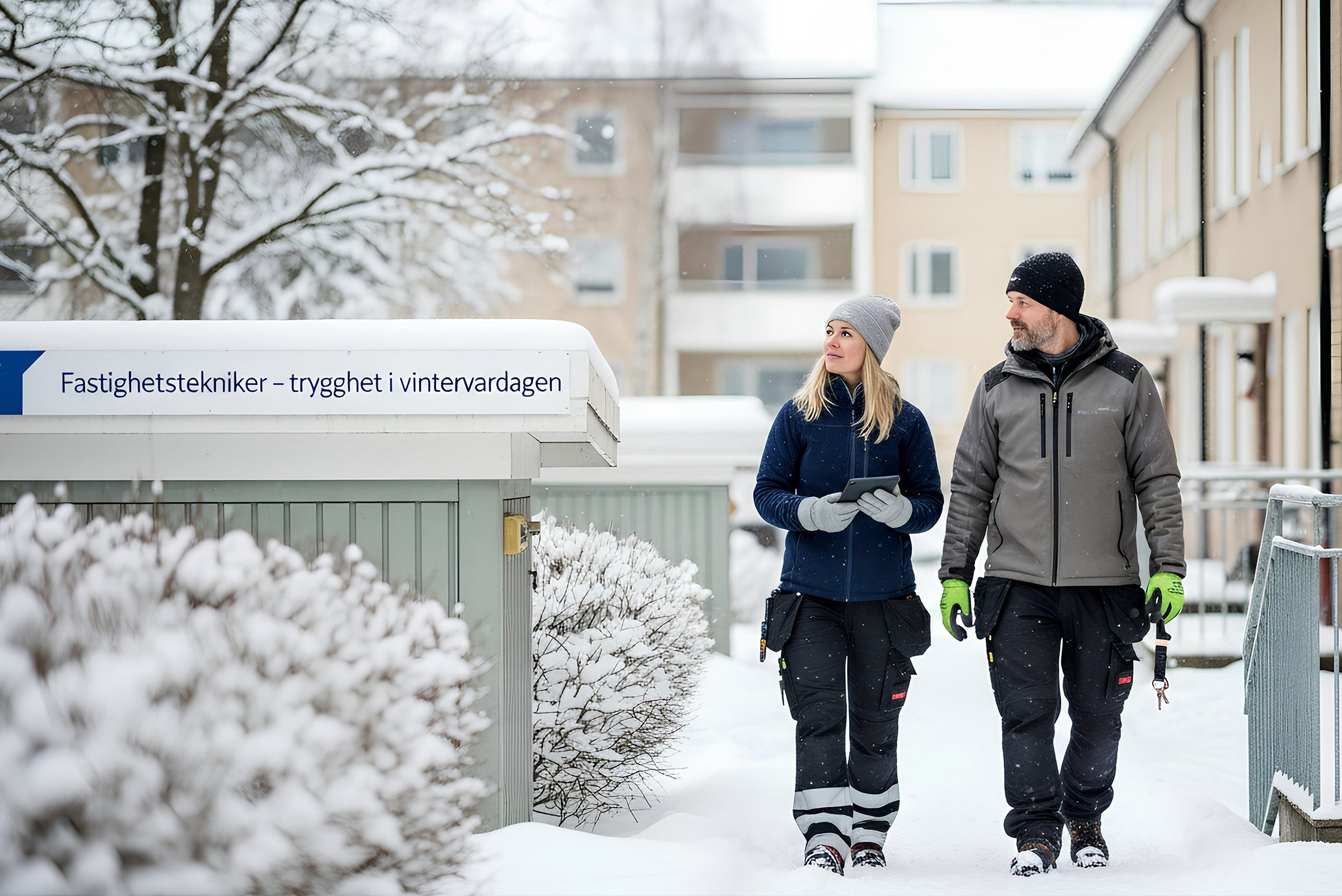 Fastighetstekniker och fastighetsskötare inspekterar området