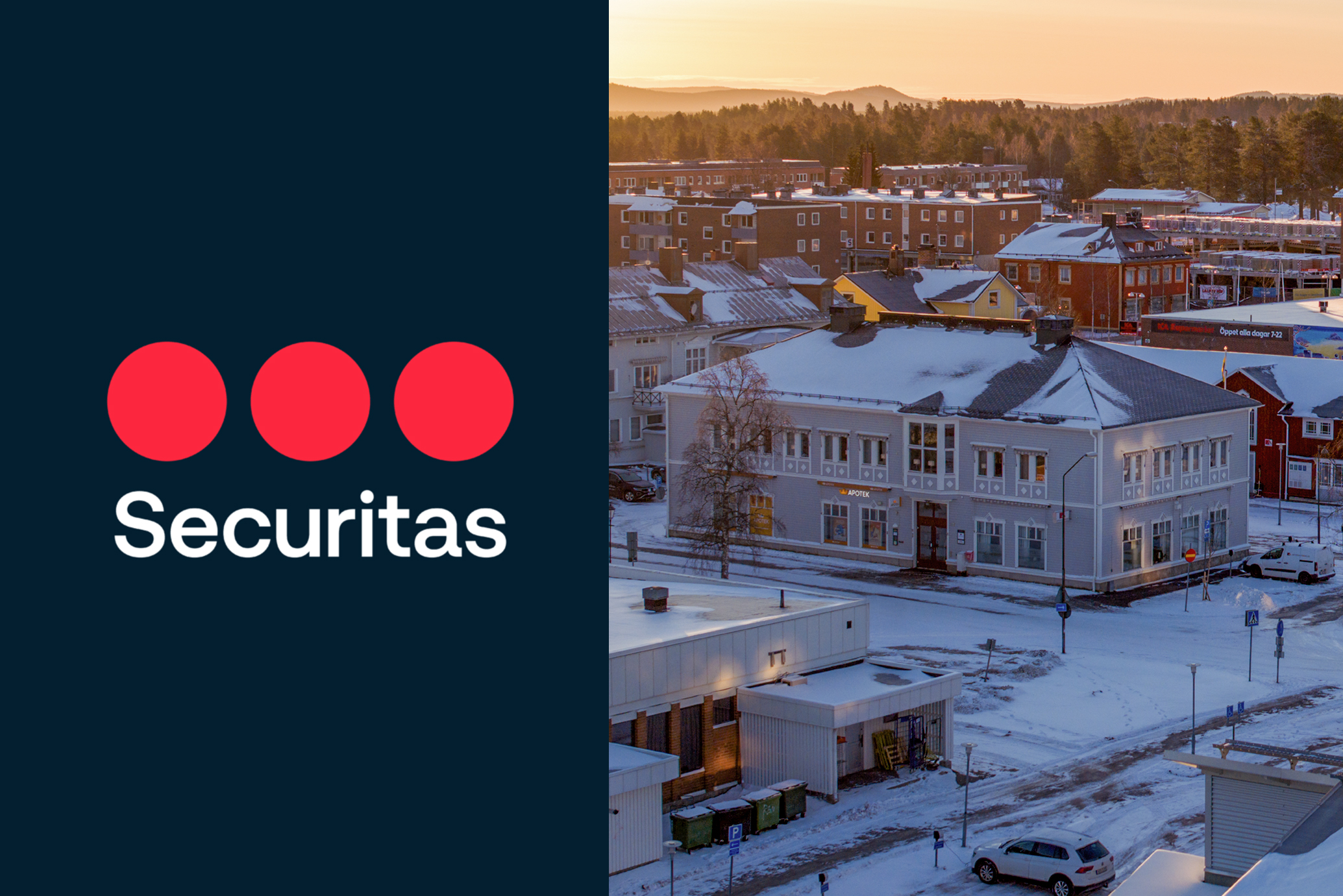Securitas logotyp utmed bild på Arvidsjaurhems kontor, Apotekshuset