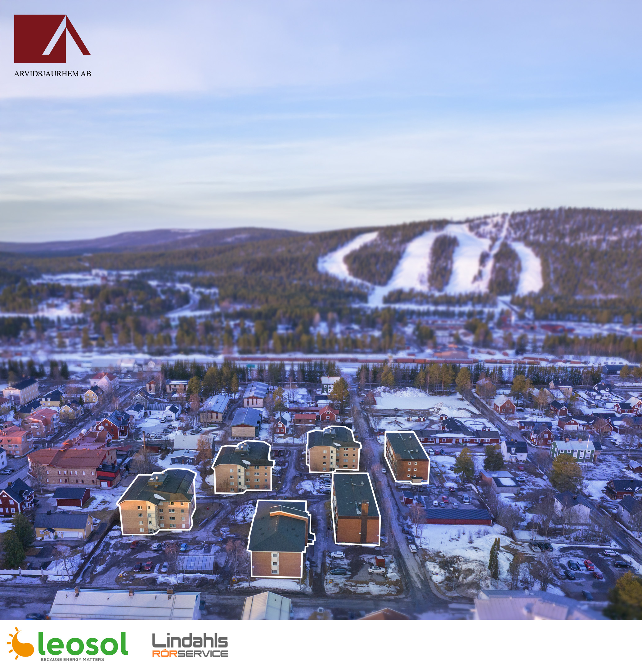 Drönarbild över kvarteret Skarven, Ejdern, logotyper för projektet